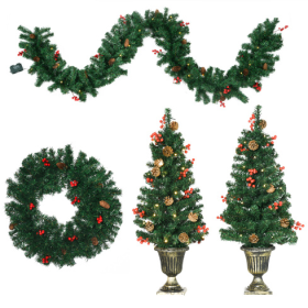 HOMCOM Prelit Holiday Christmas 4-Piece Set, Garland Wreath And Set Of 2 Entrance Trees With Warm White LED Lights, Red Berries, Pine Cones, Green