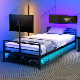 Gaming Bed With Rotating TV Mount And Metal Mesh Frame,Vented Console Storage, iron bed with led