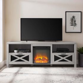 Industrial Farmhouse Metal Mesh Drop-Down X-Door 70" Fireplace TV Stand for 80" TVs - Stone Grey