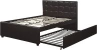 Full Size Bed w/ Trundle Slats Espresso Faux Leather Plywood Kids Youth Bedroom Furniture Wooden Slats Square Box Upholstered Headboard 1pc Bed