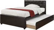 Full Size Bed w/ Trundle Slats Espresso Faux Leather Plywood Kids Youth Bedroom Furniture Wooden Slats Square Box Upholstered Headboard 1pc Bed