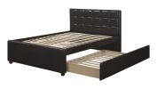 Full Size Bed w/ Trundle Slats Espresso Faux Leather Plywood Kids Youth Bedroom Furniture Wooden Slats Square Box Upholstered Headboard 1pc Bed