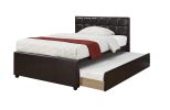 Full Size Bed w/ Trundle Slats Espresso Faux Leather Plywood Kids Youth Bedroom Furniture Wooden Slats Square Box Upholstered Headboard 1pc Bed