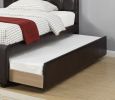 Full Size Bed w/ Trundle Slats Espresso Faux Leather Plywood Kids Youth Bedroom Furniture Wooden Slats Square Box Upholstered Headboard 1pc Bed