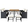 Patio All-Weather PE Wicker Dining Table Set with Wood Tabletop for 8; Black Rattan+Beige Cushion (9-Piece)