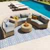 [VIDEO provided] 6 - Person Fan-shaped Rattan Suit Combination with Cushions and Table; Suitable for Garden