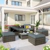 Patio Furniture Sets;  5-Piece Patio Wicker Sofa with Adustable Backrest;  Cushions;  Ottomans and Lift Top Coffee Table