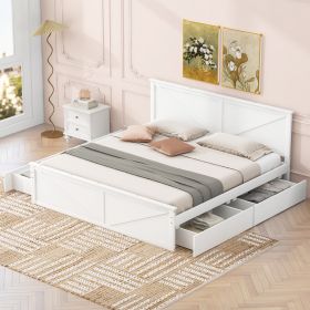 King Size Wooden Platform Bed with Four Storage Drawers and Support Legs (Color: White)