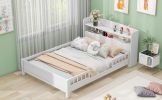 Wood Full Size Platform Bed with Built-in LED Light, Storage Headboard and Guardrail