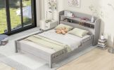 Wood Full Size Platform Bed with Built-in LED Light, Storage Headboard and Guardrail