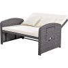 PE Wicker Rattan Double Chaise Lounge; 2-Person Reclining Sunbed with 3-Height Adjustable Back; Free Furniture Protection Cover