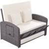 PE Wicker Rattan Double Chaise Lounge; 2-Person Reclining Sunbed with 3-Height Adjustable Back; Free Furniture Protection Cover