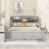 Wood Full Size Platform Bed with Built-in LED Light, Storage Headboard and Guardrail