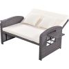 PE Wicker Rattan Double Chaise Lounge; 2-Person Reclining Sunbed with 3-Height Adjustable Back; Free Furniture Protection Cover