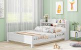 Wood Full Size Platform Bed with Built-in LED Light, Storage Headboard and Guardrail