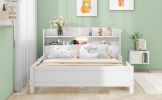 Wood Full Size Platform Bed with Built-in LED Light, Storage Headboard and Guardrail